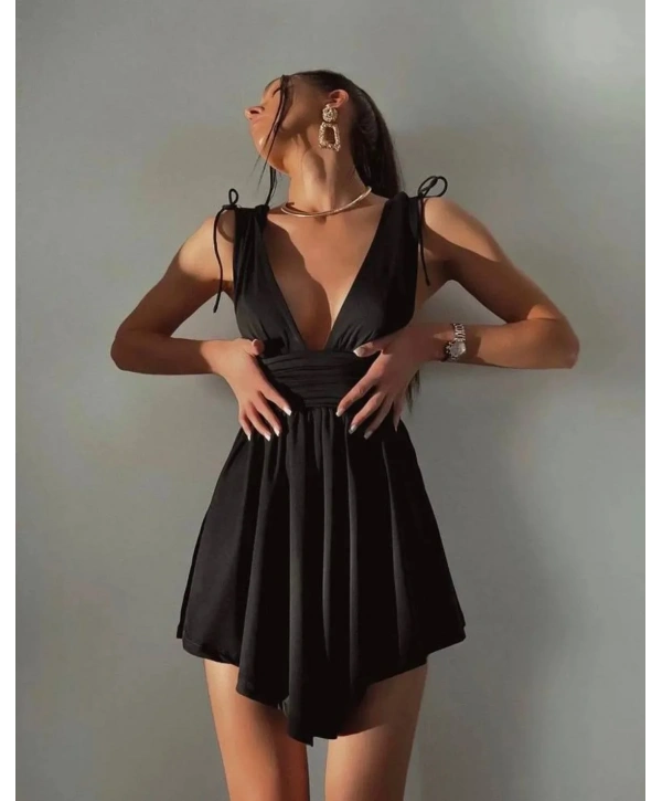 Morliva Şortlu Rahat Kumaş Mini Elbisesi Siyah 4095