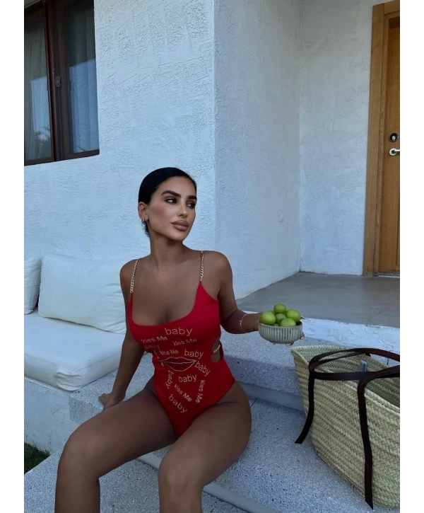 Morliva yanı zincir detay swarovski taş baskılı mayokini 2248
