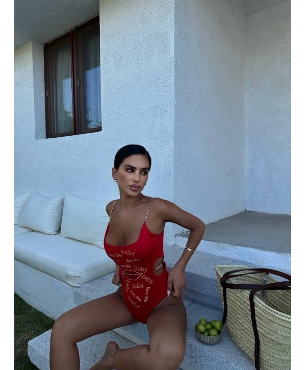 Morliva yanı zincir detay swarovski taş baskılı mayokini 2248