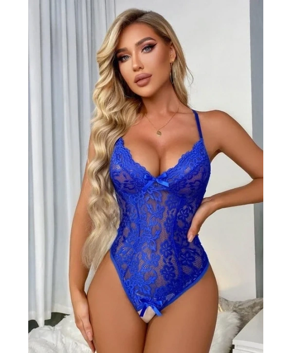 Özel Bölgesi Açık Dantelli Saks Babydoll Gecelik 15030