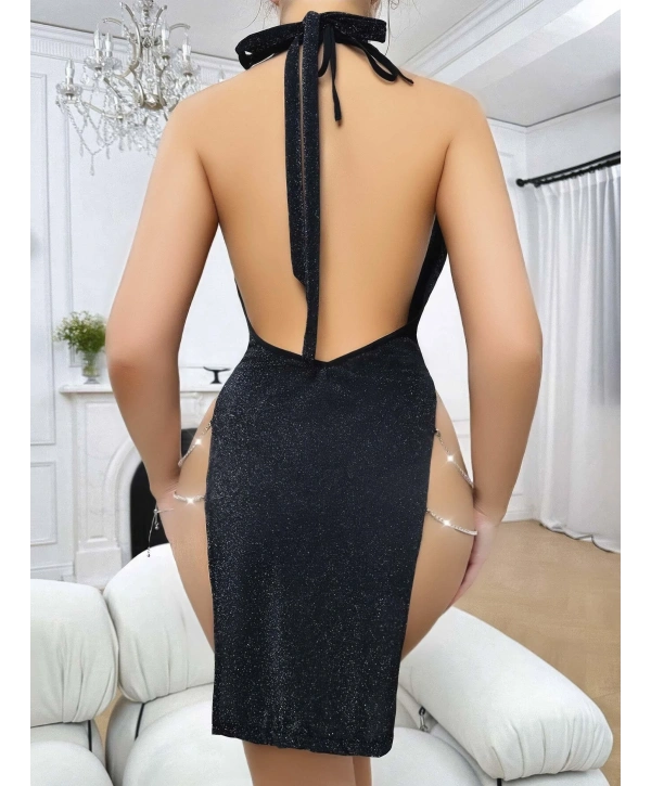 Siyah Seksi Elbise Zincirli 5045
