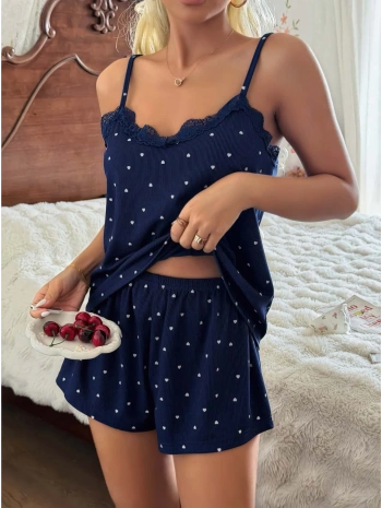 Kadın Dantel Detaylı Lacivert Şortlu Pijama Takım 5186