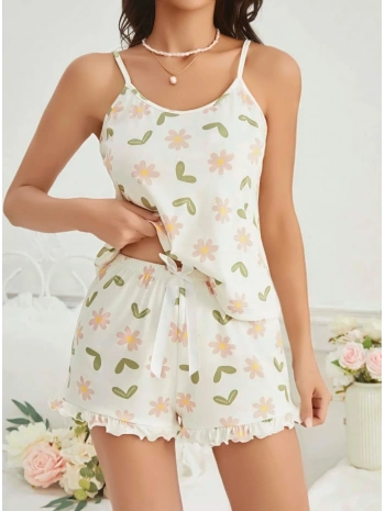 Kadın Ekru Çiçek Baskılı Şortlu Gecelik Pijama Takımı 5047