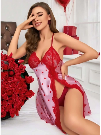 Kadın Kırmızı kalp Desenli saten Gecelik 2220