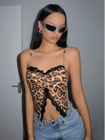 Kadın Leopar Desenli Crop Önden Dantel detaylı 5095