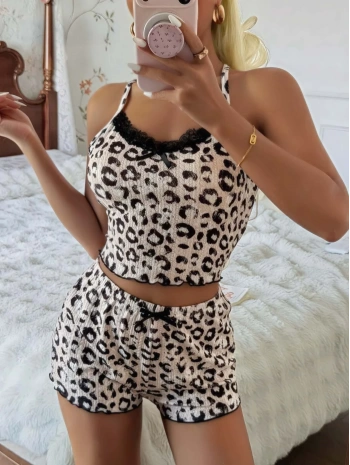 Kadın Leopar Detaylı  Şortlu Pijama Takım 5187