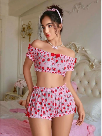 Kadın Pembe Çilek Desenli Fantezi Şort takım 2156