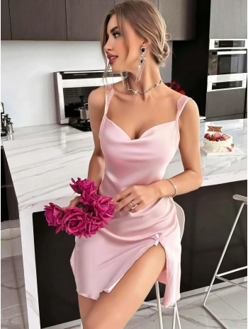 Kadın Saten Askılı Dantel Detaylı Gecelik - Pudra Pembe 2224