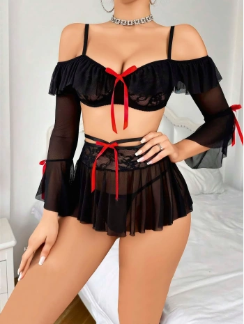 Kadın Siyah Etek Bustiyer Sexy Gecelik Takım 2157