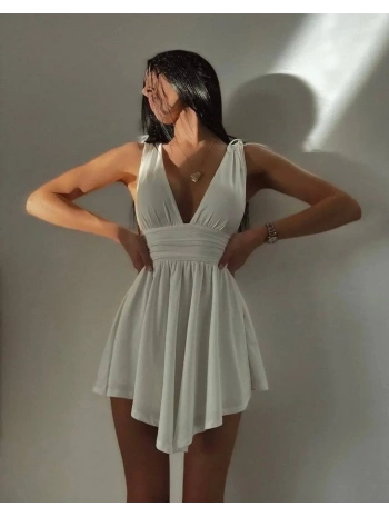 Morliva Şortlu Rahat Kumaş Mini Elbisesi Beyaz 4095