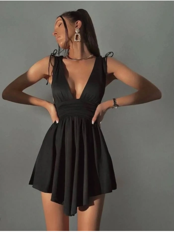 Morliva Şortlu Rahat Kumaş Mini Elbisesi Siyah 4095