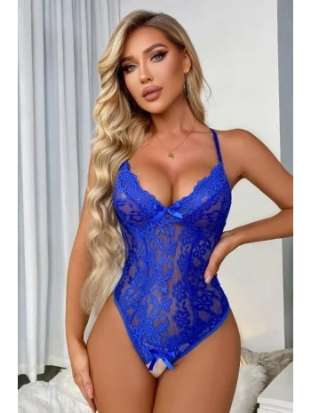 Özel Bölgesi Açık Dantelli Saks Babydoll Gecelik 15030