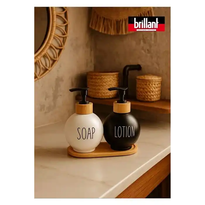 Brillant Bambu Standlı Lüks Sıvı Sabunluk 2li 500 ml Siyah-Beyaz