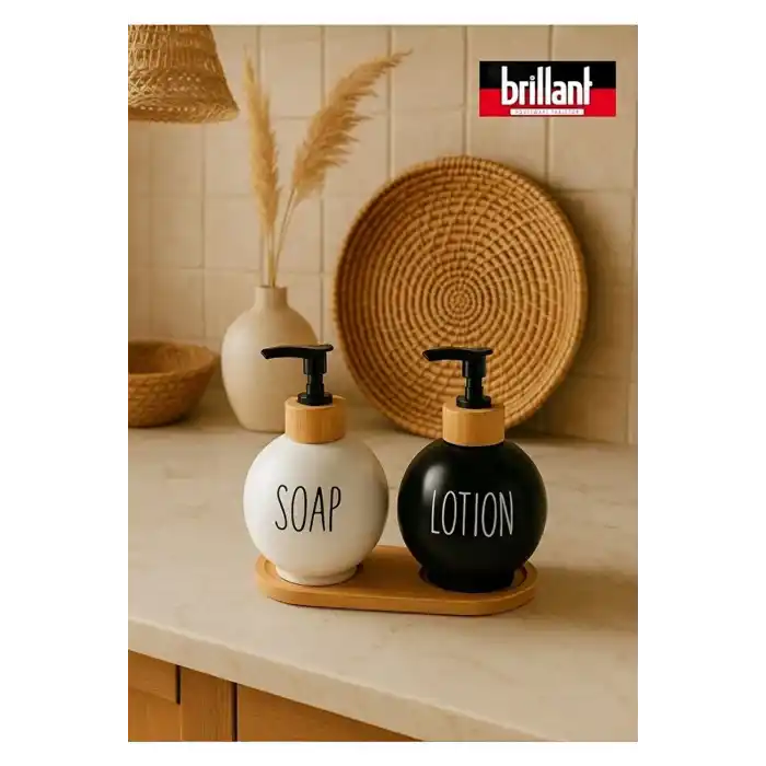 Brillant Bambu Standlı Lüks Sıvı Sabunluk 2li 500 ml Siyah-Beyaz