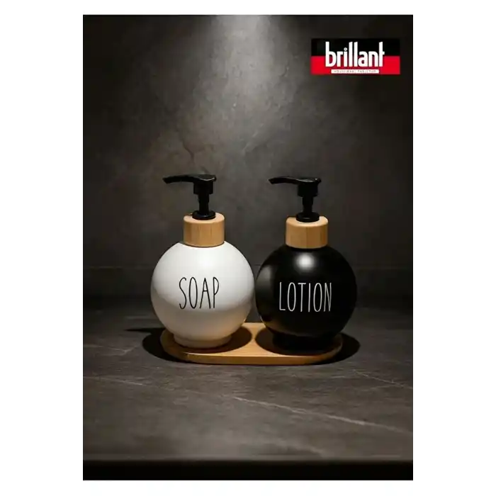 Brillant Bambu Standlı Lüks Sıvı Sabunluk 2li 500 ml Siyah-Beyaz