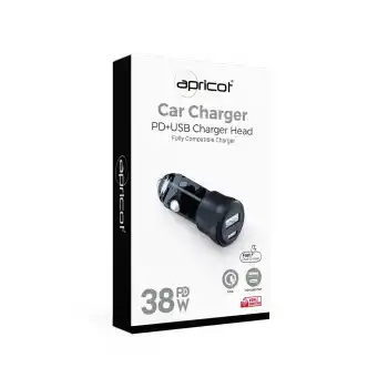 Apricot Araç Şarj Cihazı 2 Port 38W PD + USB Apricot APC-CC38 Siyah