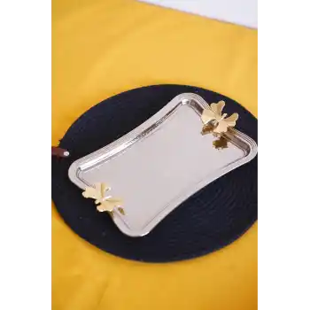 Cooker Dikdörtgen Dövme Desenli Kelebekli Kulplu Metal Tepsi 25x17 cm