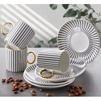 Porselen Çizgi Desen 6 Kişilik Kahve Takımı