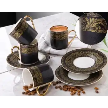 Siyah Desenli 6lı Porselen Kahve Takımı G3408