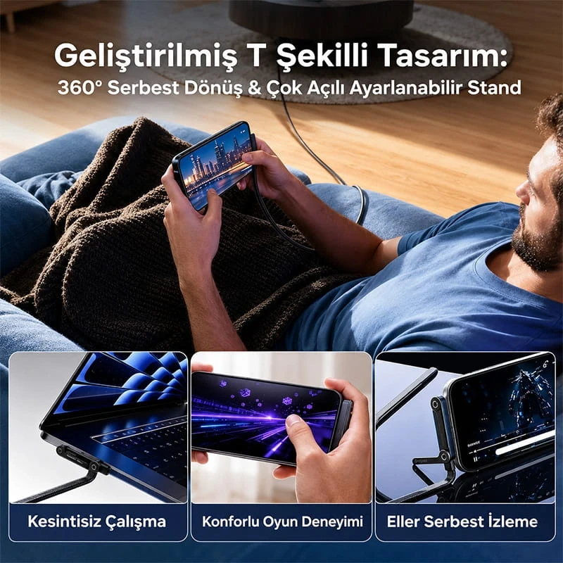 1.5mt 240W Ultra Hızlı Type-C Şarj Data Kablosu Katlanabilir Standlı Ergonomik Tasarım Örgülü