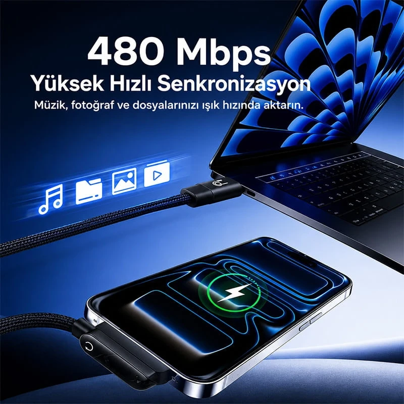 1.5mt 240W Ultra Hızlı Type-C Şarj Data Kablosu Katlanabilir Standlı Ergonomik Tasarım Örgülü
