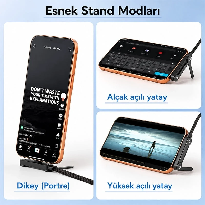 1.5mt 240W Ultra Hızlı Type-C Şarj Data Kablosu Katlanabilir Standlı Ergonomik Tasarım Örgülü