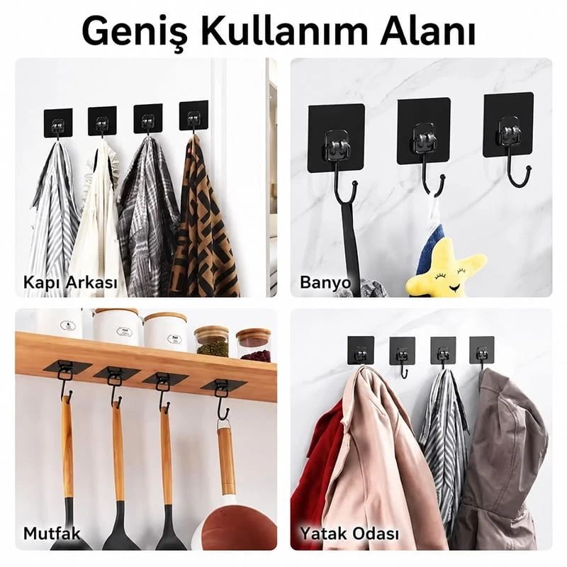 10 Adet Duvara Dolaba Yapışan Güçlü Yapışkanlı Siyah Duvar Askısı