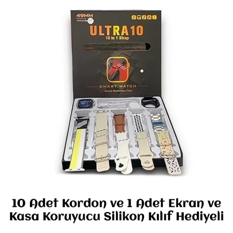 10 Kordonlu Ultra 10 Akıllı Saat Yüksek Çözünürlük Ekran Kaliteli Hoparlör Mikrofon 49 Mm
