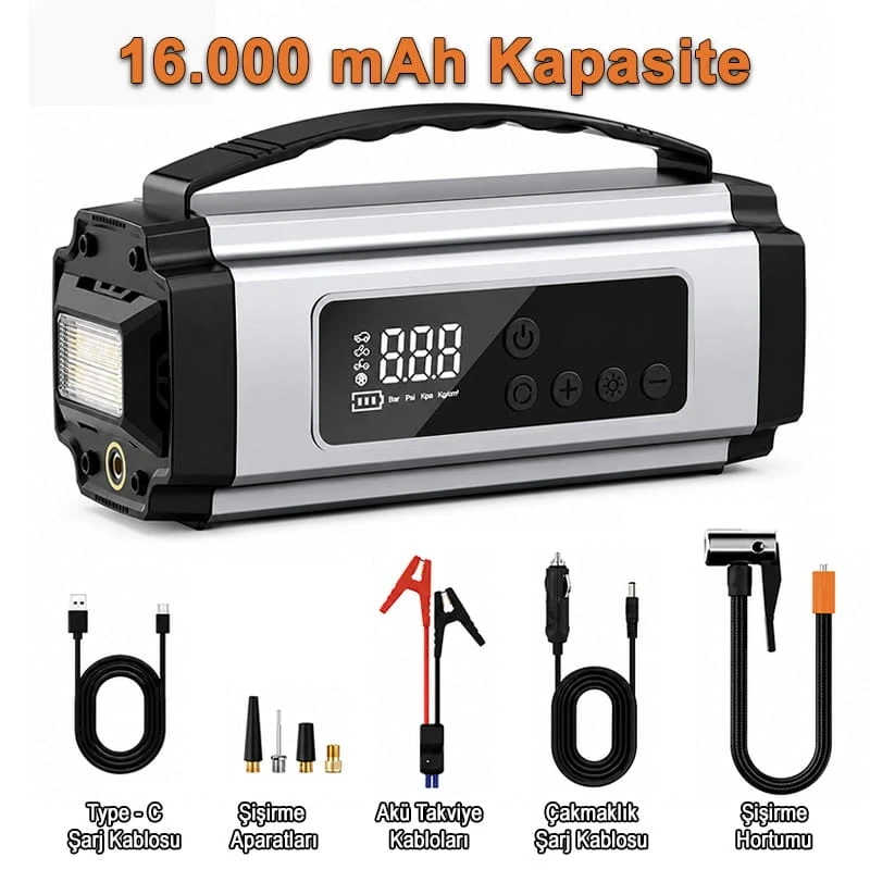 16.000 Mah Premium Hava Kompresörü Akü Takviye Cihazı Hızlı Şişirme El Feneri Akım Korumalı Taşınabilir Powerbank