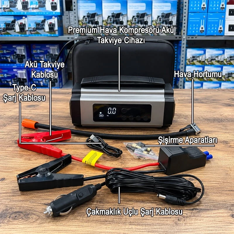 16.000 Mah Premium Hava Kompresörü Akü Takviye Cihazı Hızlı Şişirme El Feneri Akım Korumalı Taşınabilir Powerbank