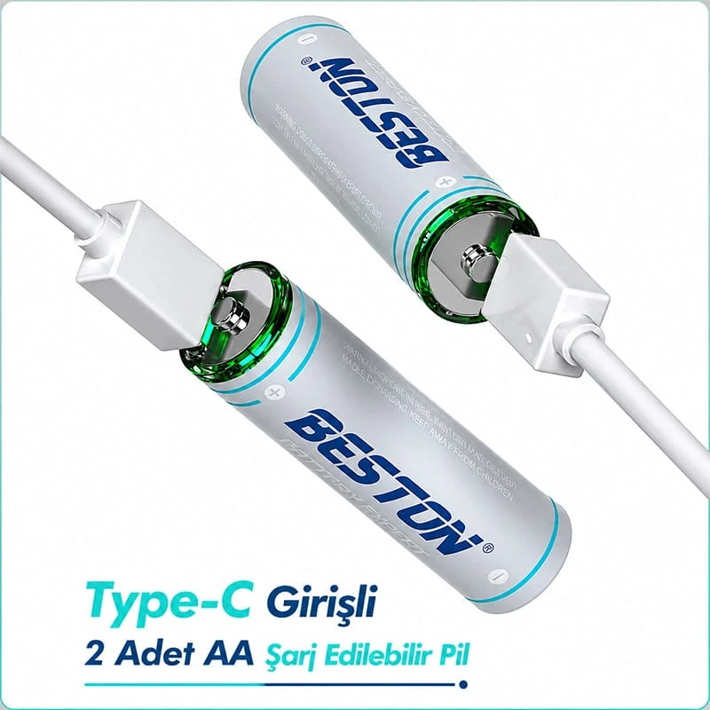 2 Adet AA USB Type C Şarj Edilebilir Lityum İyon Pil 1.5V 2200 mWh Kapasite Şarjlı Pil