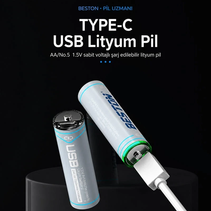 2 Adet AA USB Type C Şarj Edilebilir Lityum İyon Pil 1.5V 2200 mWh Kapasite Şarjlı Pil