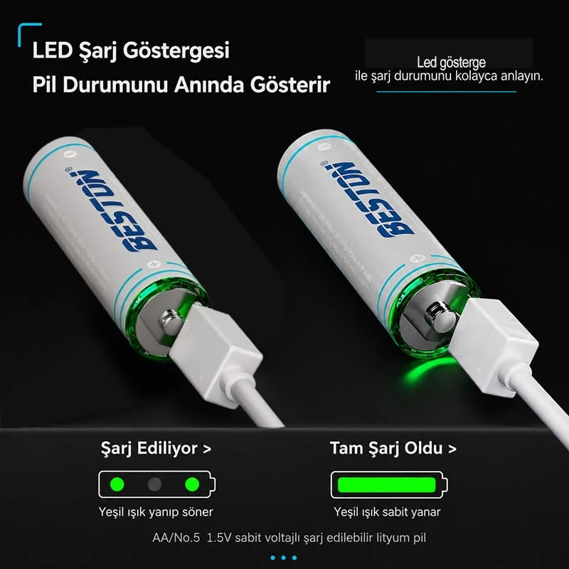 2 Adet AA USB Type C Şarj Edilebilir Lityum İyon Pil 1.5V 2200 mWh Kapasite Şarjlı Pil