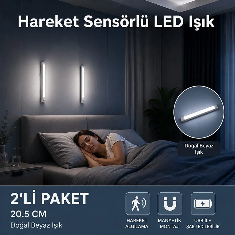 2 Adet Hareket Sensörlü Lamba Merdiven Dolap Çalışma Masası Mutfak Lambası Şarjlı Usb Led Lamba Beyaz