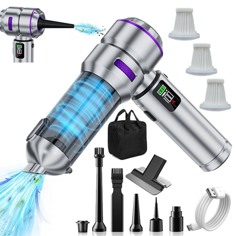 20.000 PA 3 Kademeli Çantalı 16 Parça Profesyonel Ultra Çekim Güçlü Dijital Ekranlı Şarjlı Araç Süpürgesi