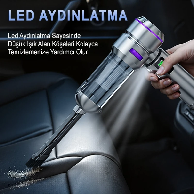 20.000 PA 3 Kademeli Çantalı 16 Parça Profesyonel Ultra Çekim Güçlü Dijital Ekranlı Şarjlı Araç Süpürgesi