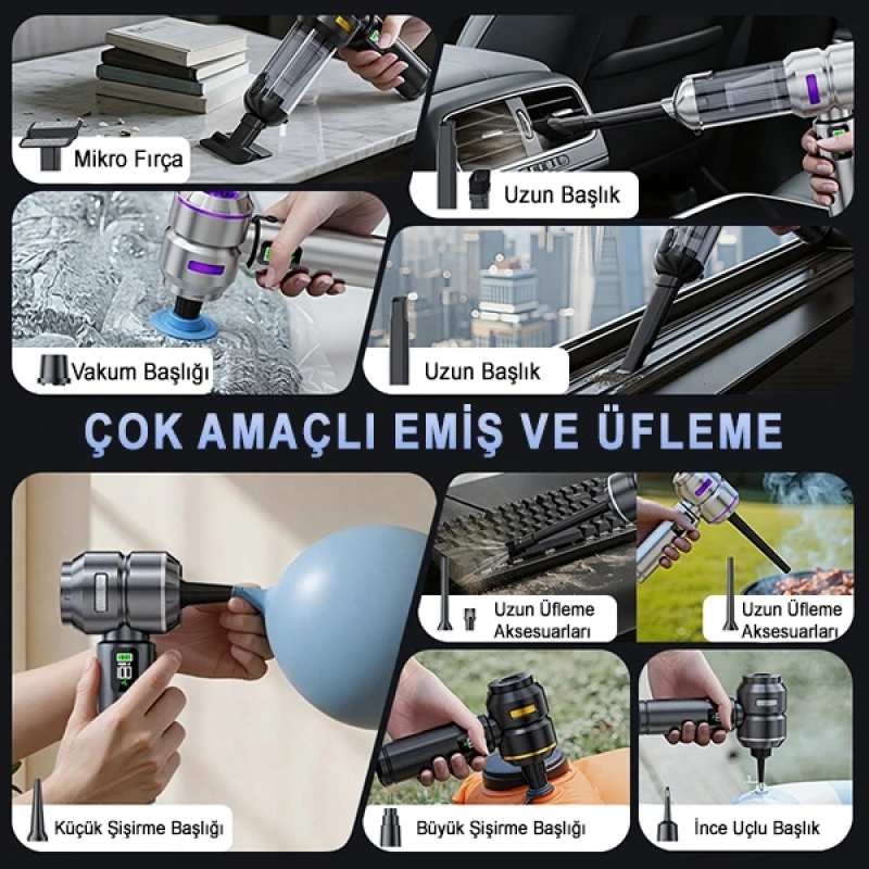 20.000 PA 3 Kademeli Çantalı 16 Parça Profesyonel Ultra Çekim Güçlü Dijital Ekranlı Şarjlı Araç Süpürgesi