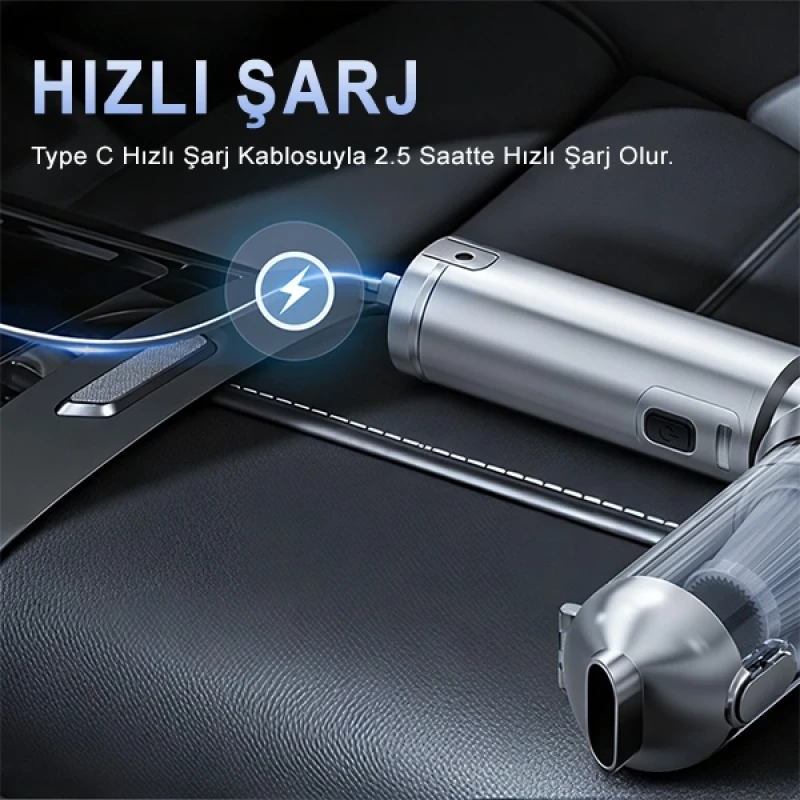 20.000 PA 3 Kademeli Çantalı 16 Parça Profesyonel Ultra Çekim Güçlü Dijital Ekranlı Şarjlı Araç Süpürgesi