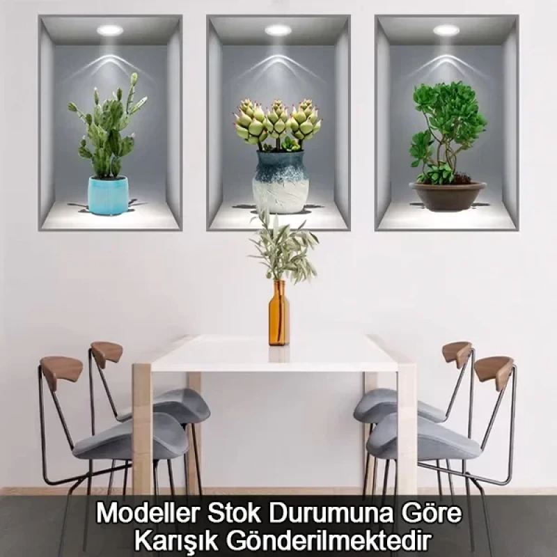 3 Adet 3D Çiçek Vazo Duvar Sticker Gri Fon