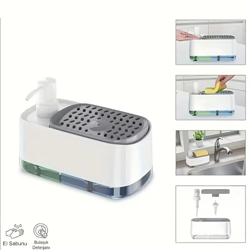 3 ü 1 Arada Çift Hazneli Süngerlikli 2 Farklı Sabun Koyulabilen Sıvı Sabunluk