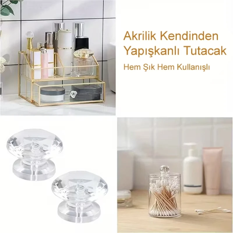 4 Adet Kristal Tasarımlı Çok Amaçlı Yapışkanlı Tutacak Buton