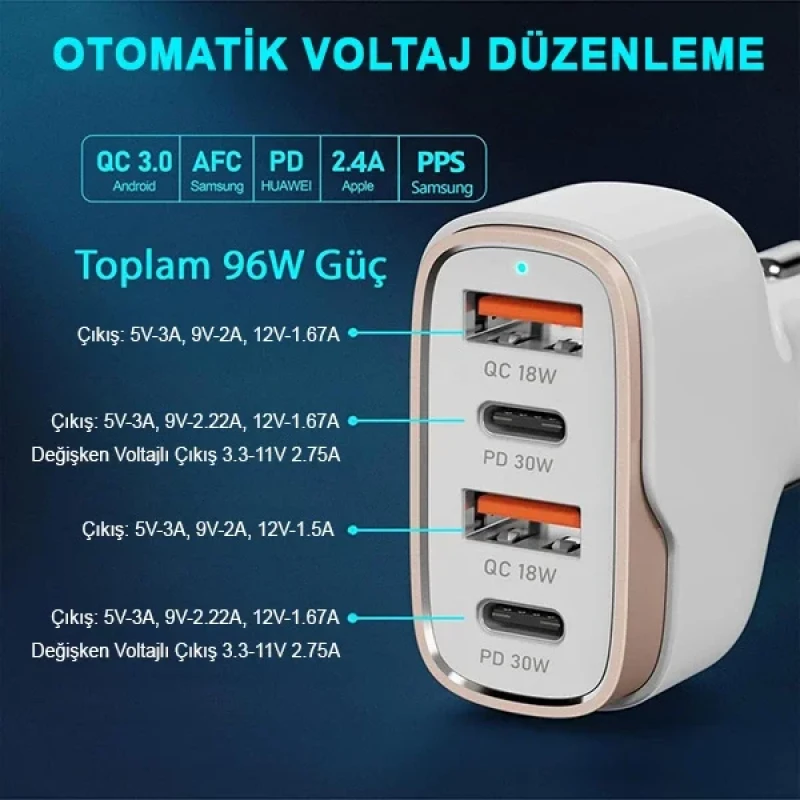 4 Girişli 96W Type-c Usb Araç Çakmaklık 3.0 Oto Hızlı Şarj Soketi Araba Çakmaklık Şarjı