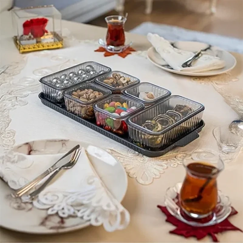 6 Dikdörtgen Bölmeli Kapaklı Kahvaltılık Seti Akrilik