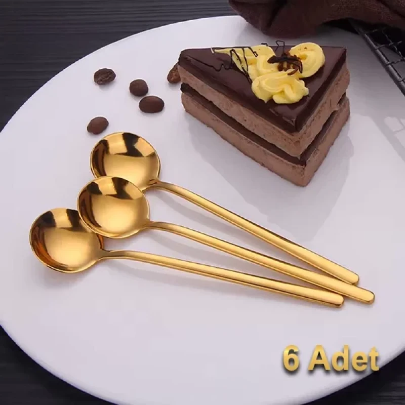 6 Lı Parlak Gold Tatlı Kaşığı Seti