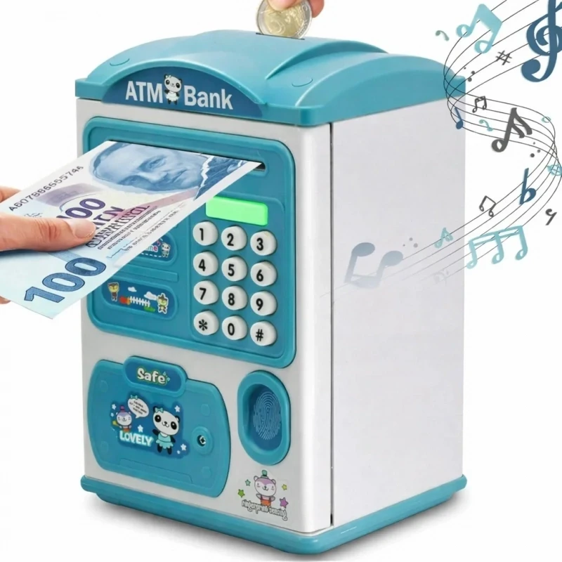 Parmak İzi Görünümlü Elektronik Şifreli Otomatik Kağıt Para Alan ATM Kumbara Mavi