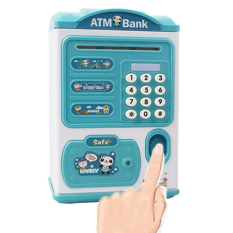 Parmak İzi Görünümlü Elektronik Şifreli Otomatik Kağıt Para Alan ATM Kumbara Mavi