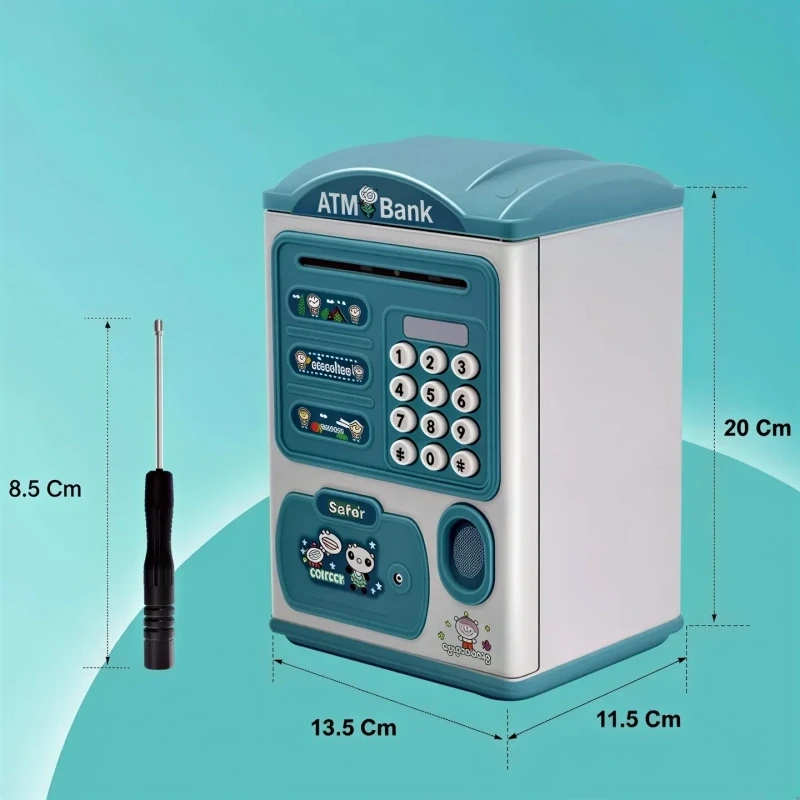 Parmak İzi Görünümlü Elektronik Şifreli Otomatik Kağıt Para Alan ATM Kumbara Mavi