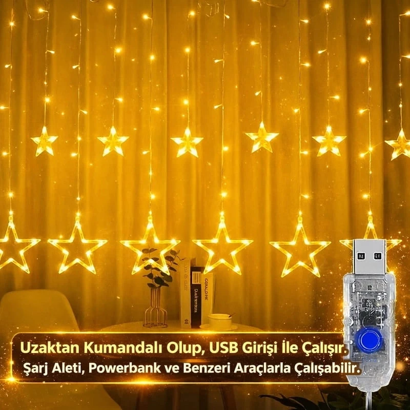 12 Sarkıtlı 120 Led Kumandalı Perde Led Yıldız Figürlü Perde Işık Sarkıt Led
