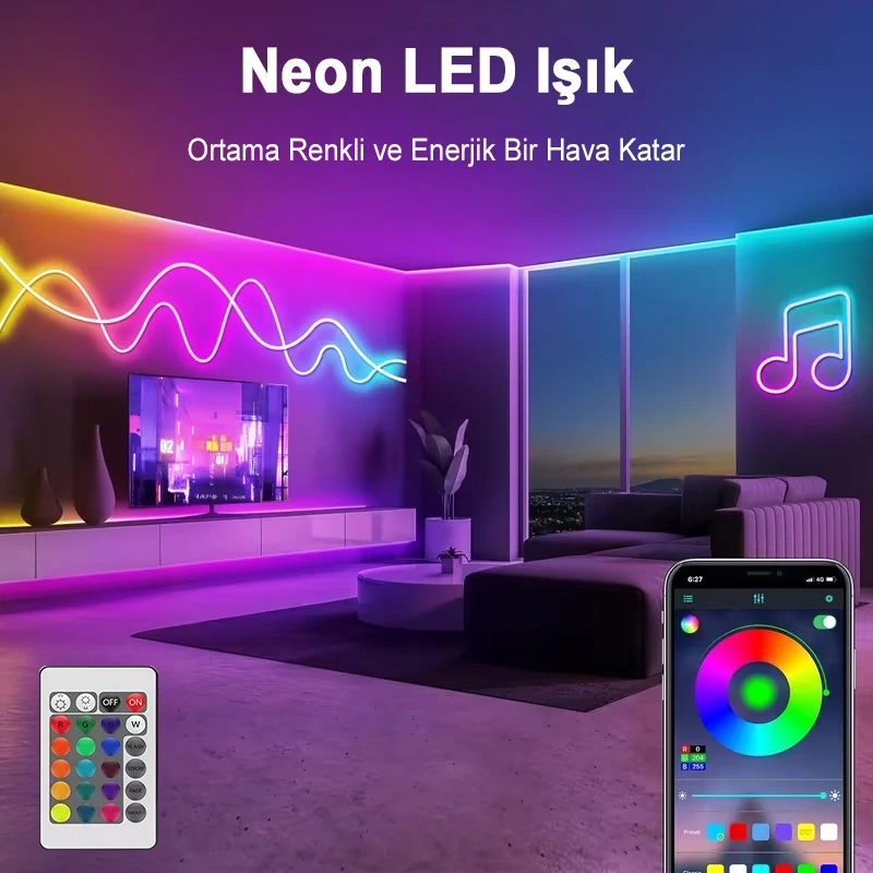 3 Metre Neon Led Işık Kumandalı Esnek Dekoratif Ortam ve Oda Aydınlatması