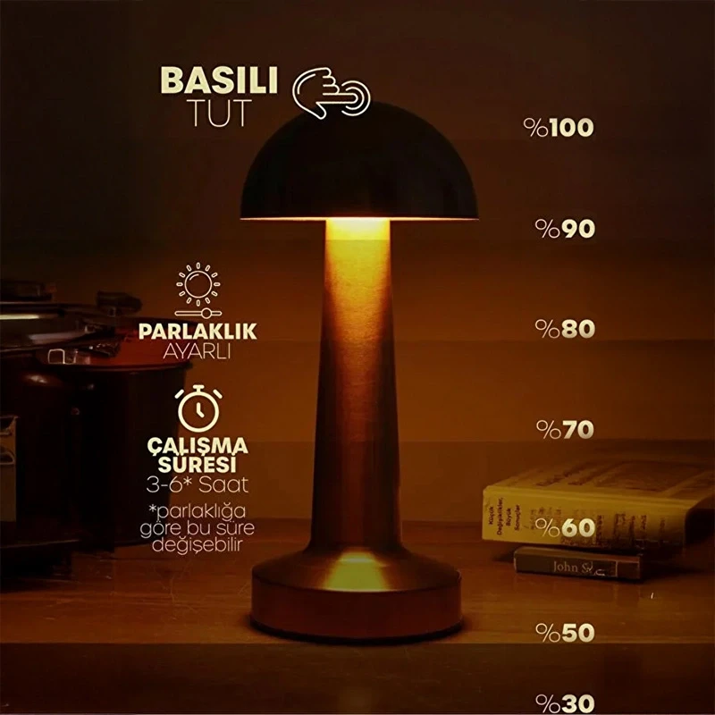 Mantar Masa Lambası Dokunmatik Işık Seviyesi Ayarlı Şarjlı Masa Lambası Bronz